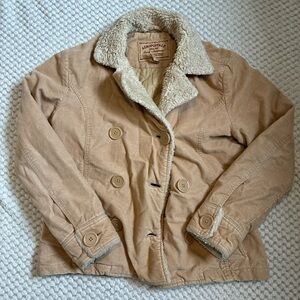 Vintage Aeropostale Women's Beige Peacoat with Faux Fur Collar